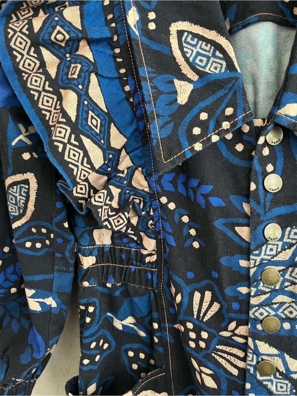 FARM Rio Macaw Forest Tropical Cotton Jumpsuit Black Blue Medium Anthropologie - Picture 8 of 16